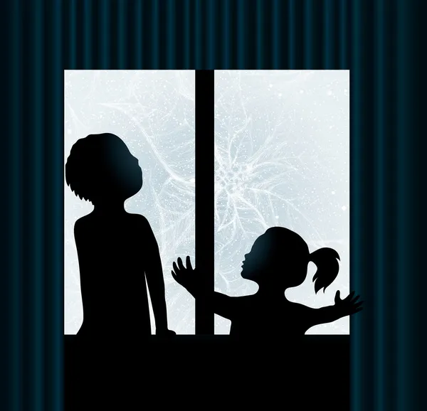 Дети смотрят на Мороз на окне — стоковый вектор