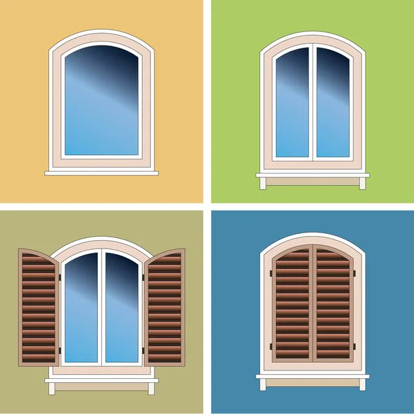 Четыре классические виды арочными окнами на фоне штукатурка — стоковый вектор