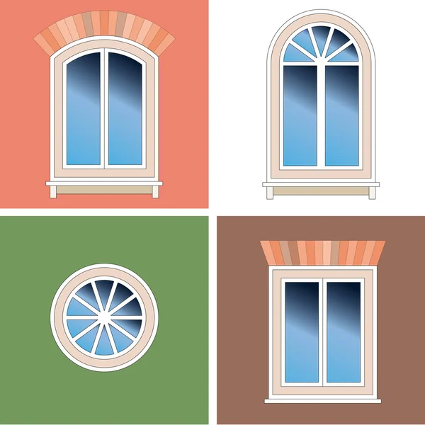 Четыре классические виды арочные окна с brattice кирпича на фоне штукатурка — стоковый вектор